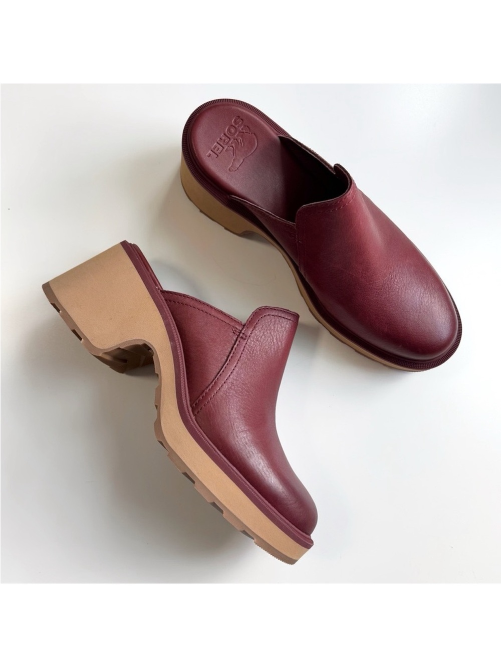 Sorel Hi-Line Heel Mule in Spice Tawny Buff Leather Burgundy Chilly Flake